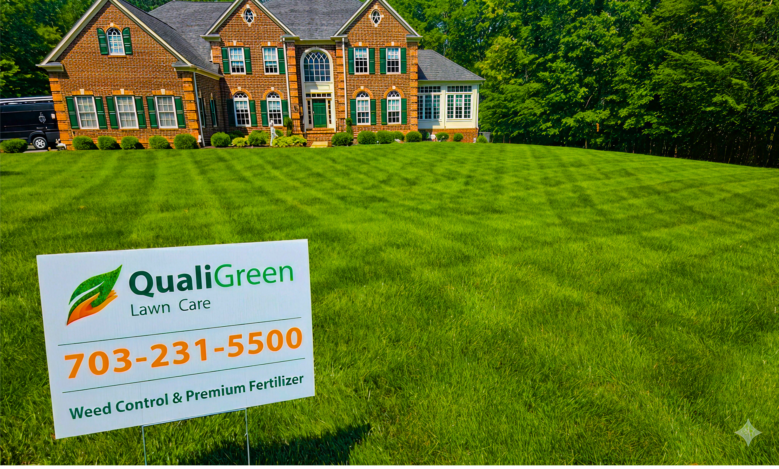 Lush lawn with QualiGreen yard sign in front of a Virginia home